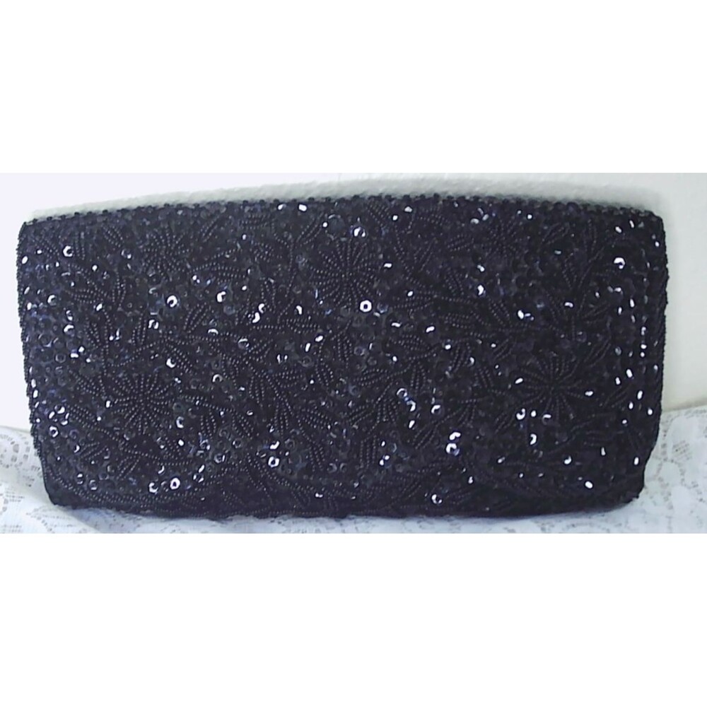 Vintage Nomis Black Sequined and Beaded Clutch, Made in Hong Kong 10x5x1
